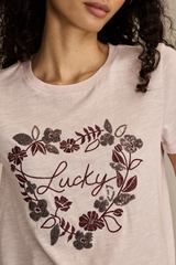 Lucky Brand Womens Floral Lucky Heart Classic Crew Short Sleeve T-Shirt