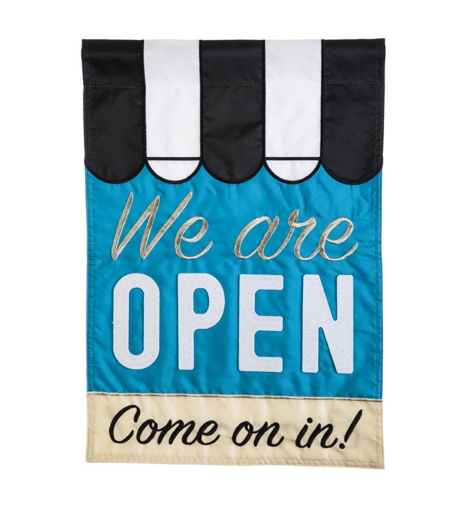 Evergreen "We Are Open" Applique House Flag