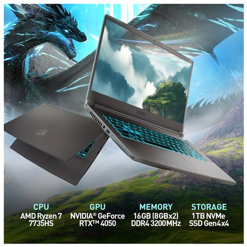 MSI Thin A15 15" Gaming Laptop, Ryzen 7-7735HS Processor, 16GB Memory, NVIDIA GeForce RTX 4060, Windows 11