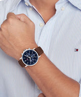 Tommy Hilfiger Mens Tyson 43mm Silver-Tone Brown Leather Strap Watch