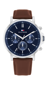 Tommy Hilfiger Mens Tyson 43mm Silver-Tone Brown Leather Strap Watch