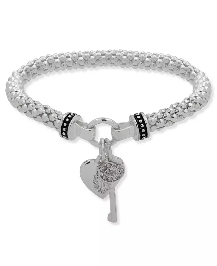 Nine West Silver-Tone Boxed Heart & Key Charm Stretch Bracelet