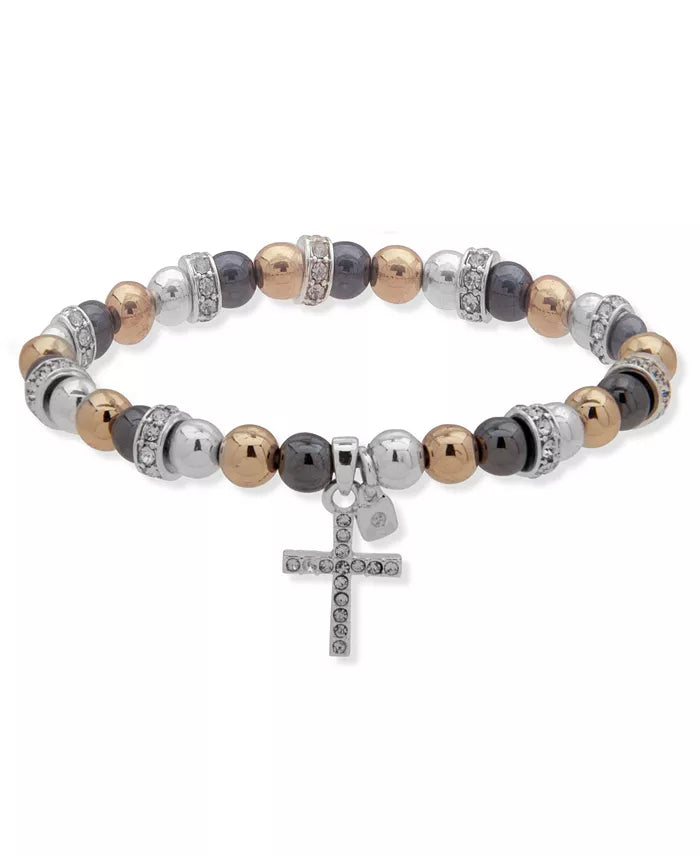 Nine West Tri-Tone Cross Charm Stretch Bracelet