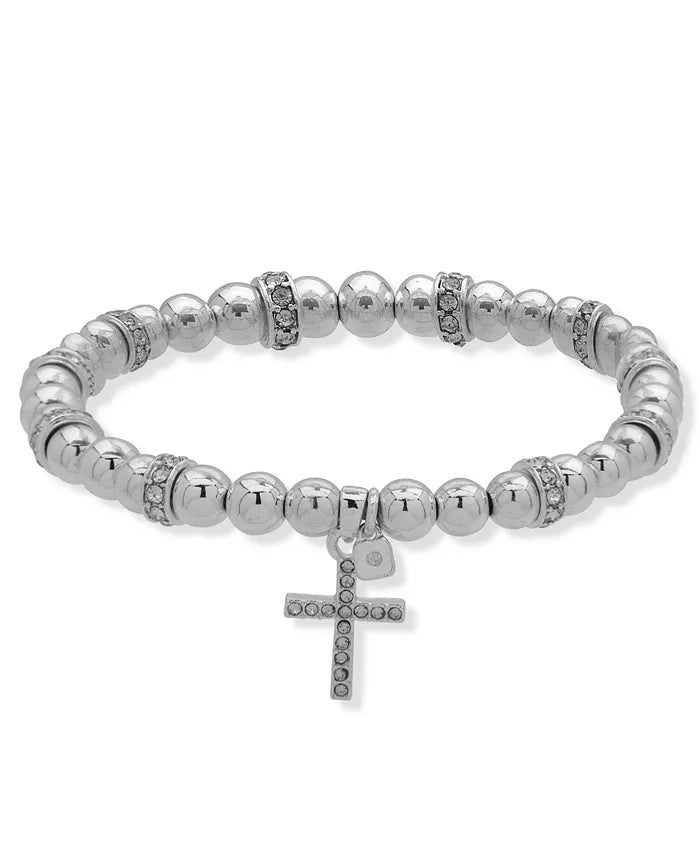 Nine West Silver-Tone Crystal Cross Beaded Stretch Bracelet