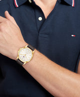 Tommy Hilfiger Mens Bruce 42mm Gold-Plated Brown Leather Strap Watch