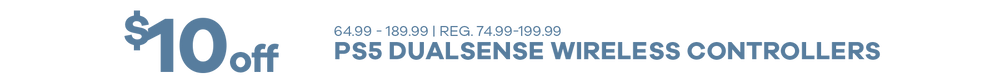 Promotional banner for $10 off PS5 DualSense wireless controllers with price range displayed.