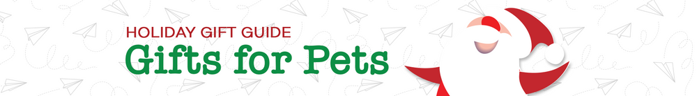 Header for a holiday gift guide featuring 'Gifts for Pets' with a Santa Claus design.