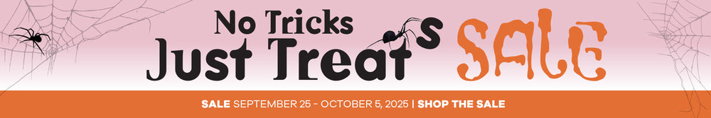 Halloween sale banner with text 'No Tricks Just Treats Sale' and spider web design.