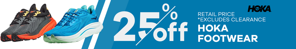Hoka footwear with a discount banner on a blue background