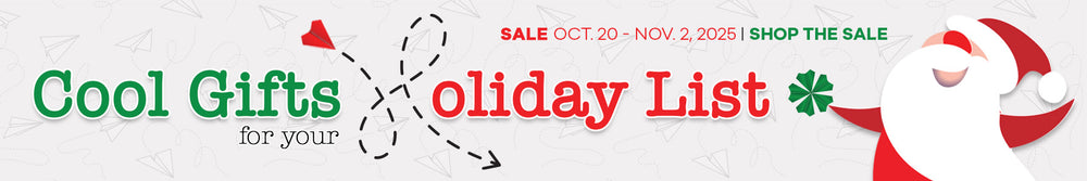 Promotional banner for holiday gift list with Santa Claus and sale text.