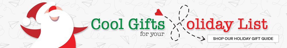 Holiday gift guide banner with Santa Claus and text about cool gifts for the holiday season.