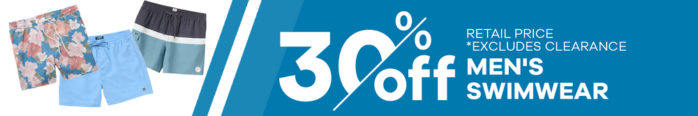Promotional banner for men's swimwear with 30% off discount on a blue background.