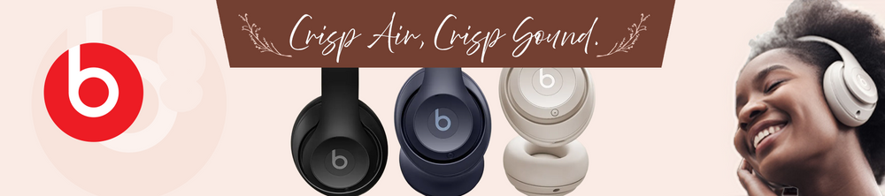 Beats headphones displayed with a woman wearing headphones, featuring the Beats logo.