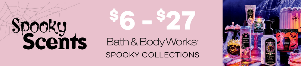Bath & Body Works Spooky Scents collection with pricing and product images on a pink background.