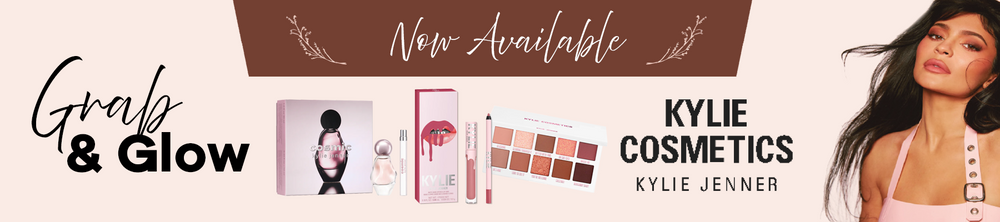 Kylie Cosmetics advertisement with products and a model, featuring the text 'Grab & Glow' and 'Now Available'.
