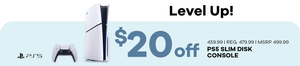 Promotional graphic for a PS5 Slim Disk Console with a $20 discount offer on a light blue background.