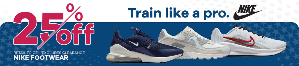Promotional banner for Nike footwear with two pairs of shoes and a discount offer.
