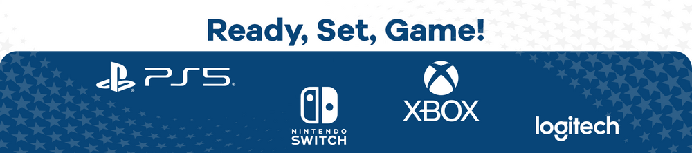 Promotional graphic with PS5, Nintendo Switch, Xbox, and Logitech logos on a blue background.