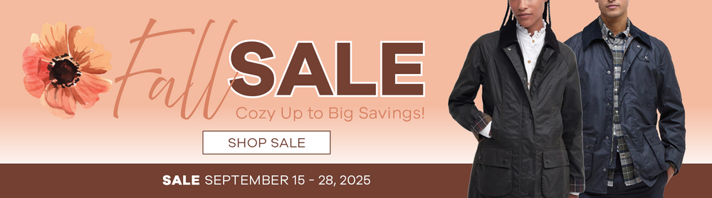 Promotional banner for a fall sale with two people wearing jackets and a flower graphic on a peach background.