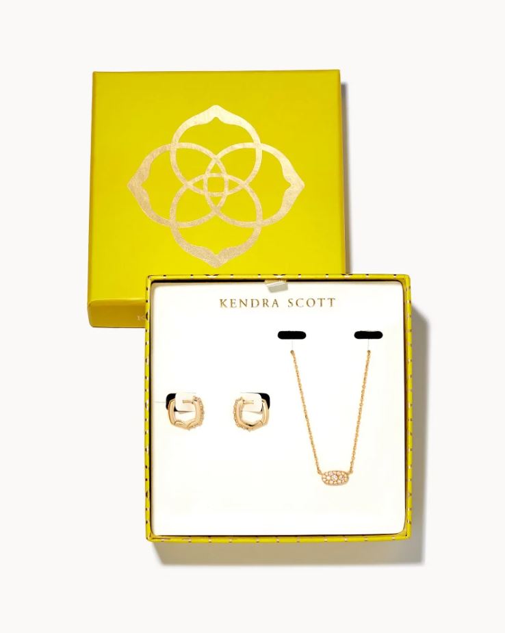 Kendra Scott Boxed Grayson Necklace & Huggie Gift Set - White Crystal, 14K Gold Plated