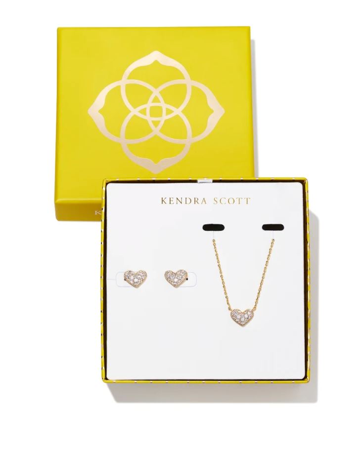 Kendra Scott Boxed Ari Heart Necklace & Stud Gift Set - White, 14K Gold Plated