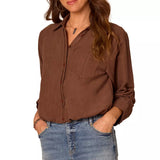 Democracy Womens 3/4 Tucked Sleeve Collar Button Down Bubble Hem Woven Shirt