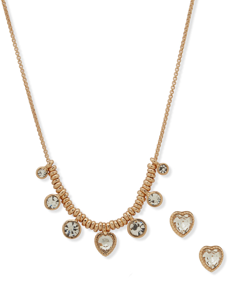 Nine West Gold-Tone Heart Crystal Necklace & Earrings Set