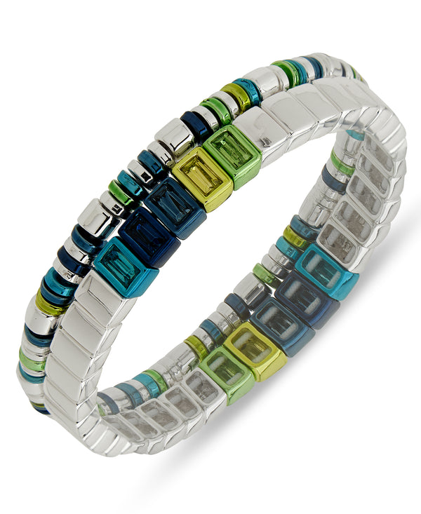 Nine West Silver-Tone 2 Row Clear Beaded Stretch Bracelet