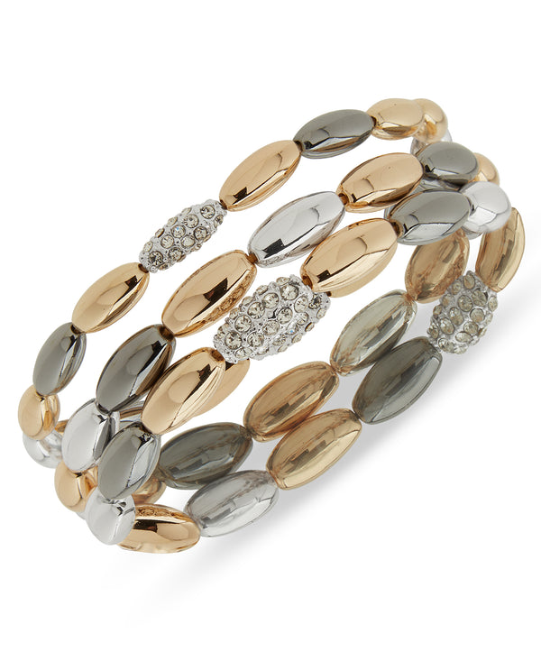 Nine West Tri-Tone 3 Row Oval Bead Stretch Bracelet