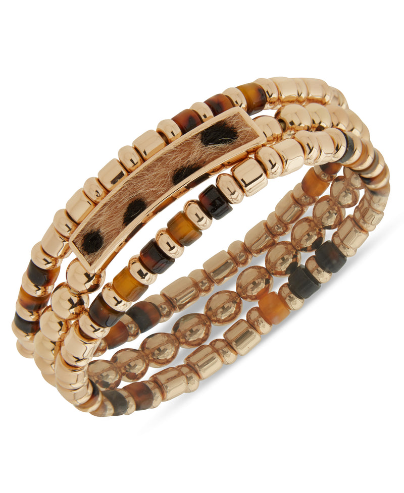 Nine West Gold-Tone Beaded Cheetah 3 Row Stretch Bracelet