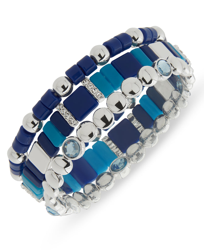 Nine West Silver-Tone Blue Stone 3 Row Stretch Bracelet