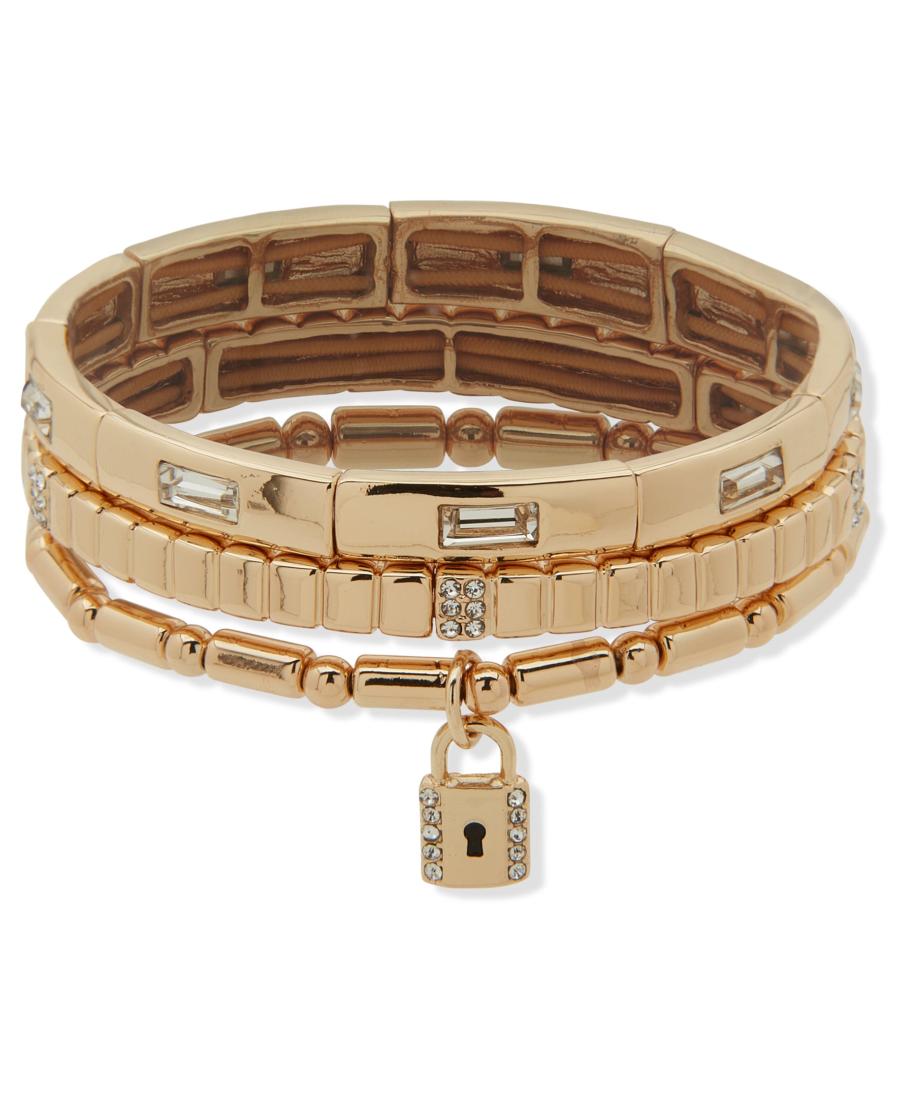Nine West Gold-Tone Padlock 3 Row Stretch Bracelet