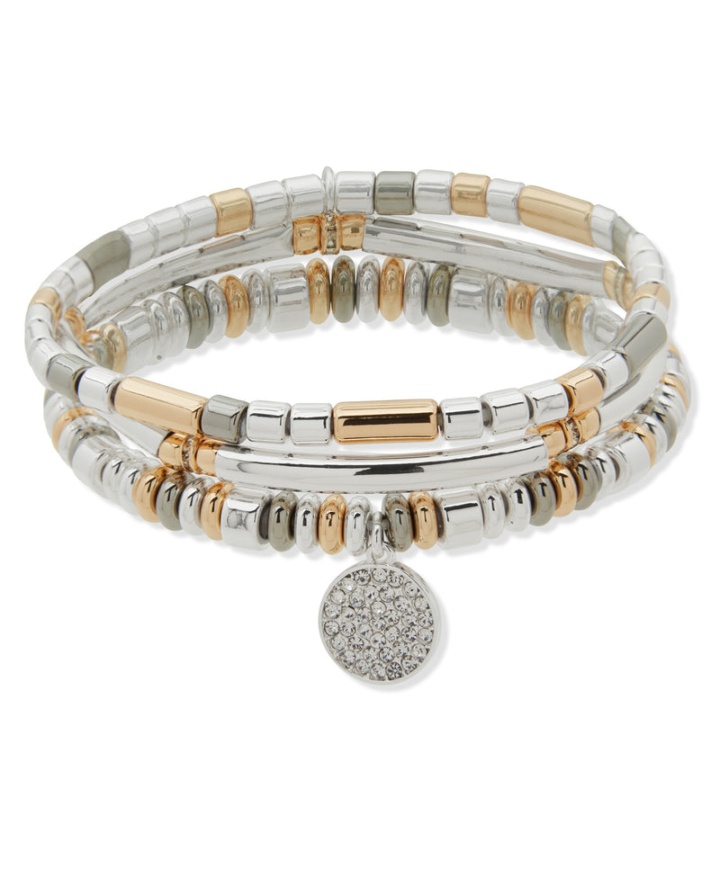 Nine West Silver-Tone Pave Charm 3 Row Stretch Bracelet