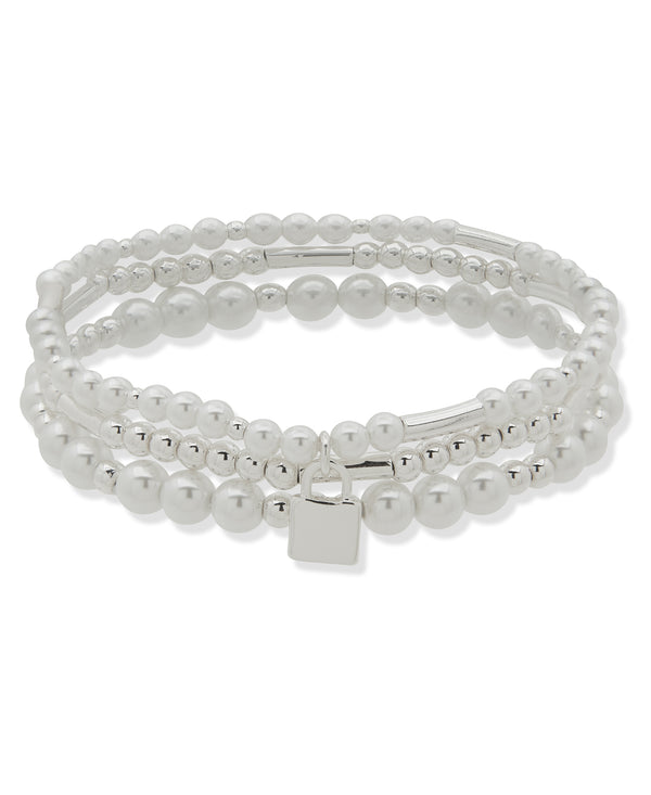 Nine West Silver-Tone 3 Row Pearl Stretch Bracelet