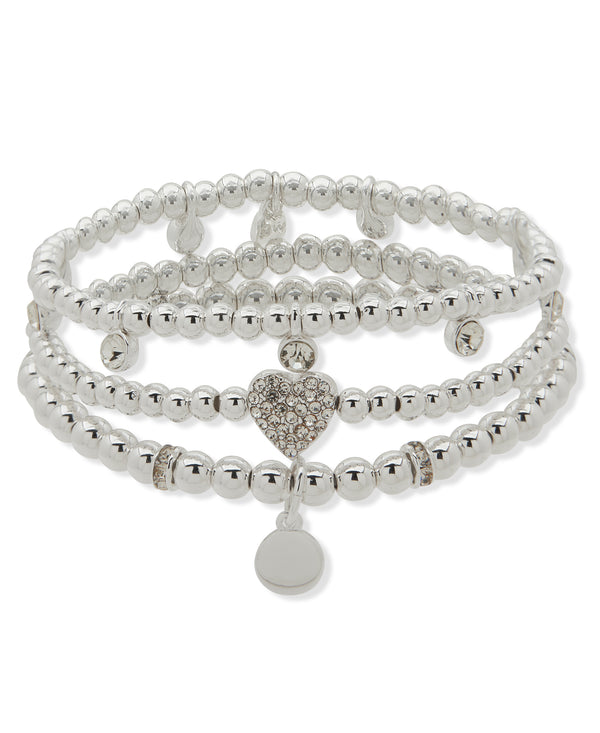 Nine West Silver-Tone 3 Row Pave Heart Bracelet