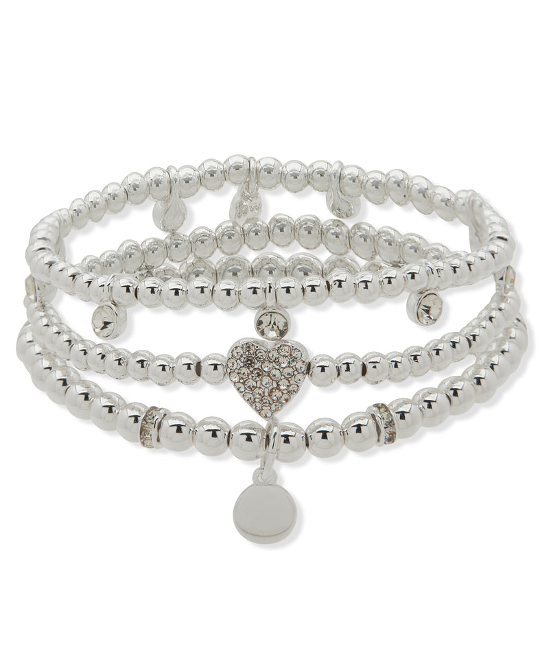 Nine West Silver-Tone 3 Row Pave Heart Bracelet