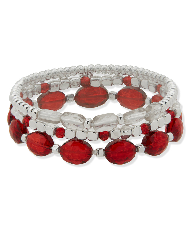 Nine West Silver-Tone 3 Row Siam Beaded Stretch Bracelet