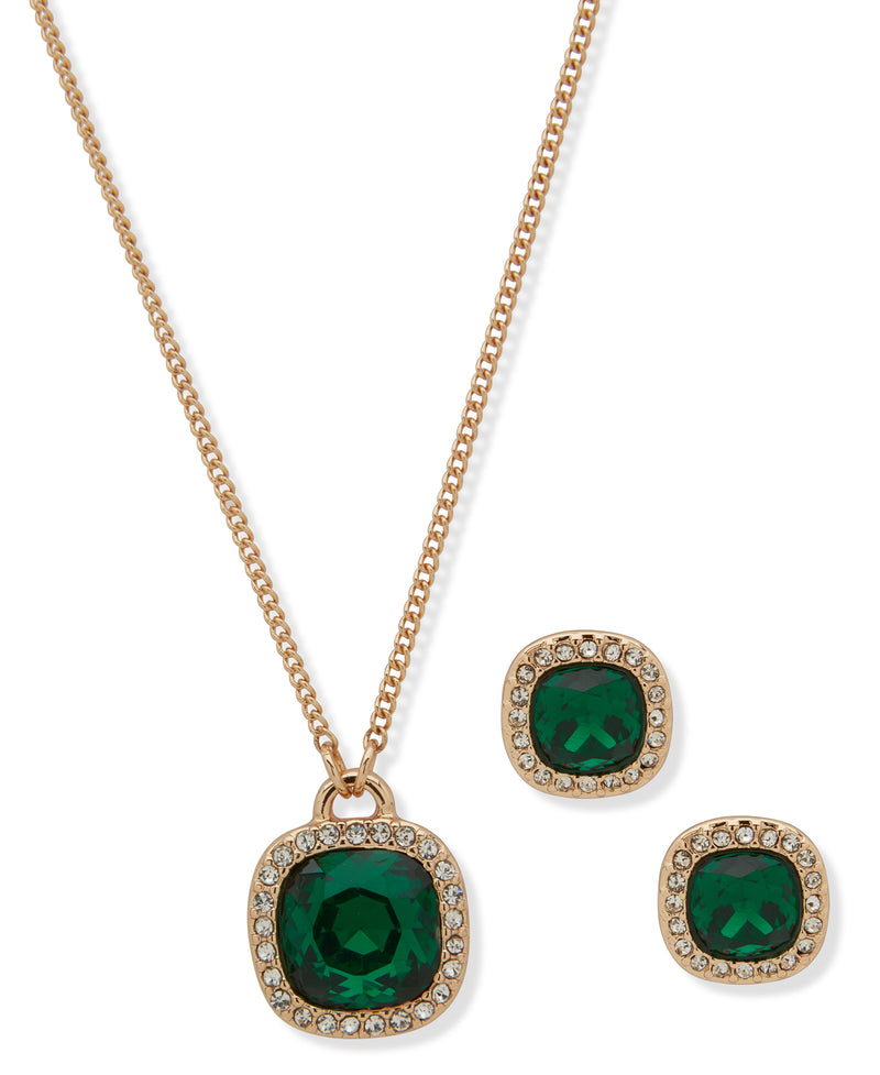Nine West Gold-Tone Square Gem Necklace & Earrings Set