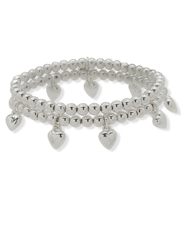 Nine West Boxed Silver Beaded Heart Stretch Bracelet