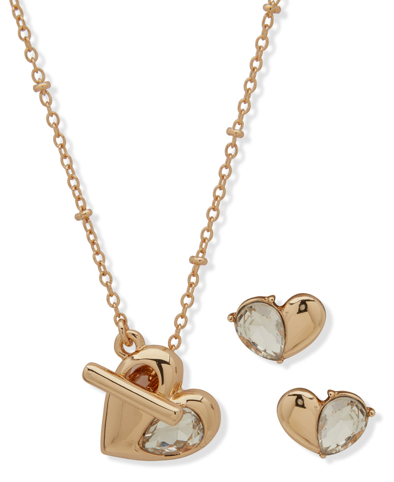 Nine West Boxed Gold & Crystal Heart Necklace & Earrings Set