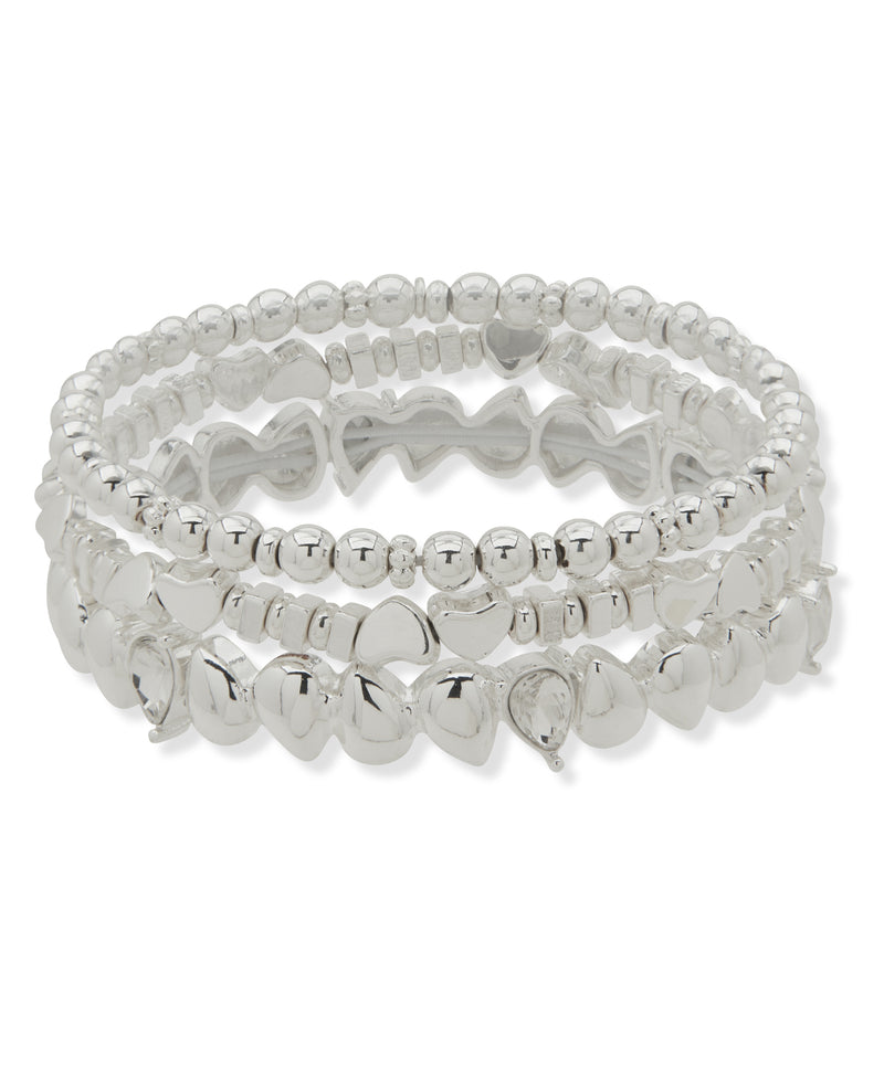 Nine West Boxed Silver & Crystal Heart Beaded Bracelet - Set Of 3