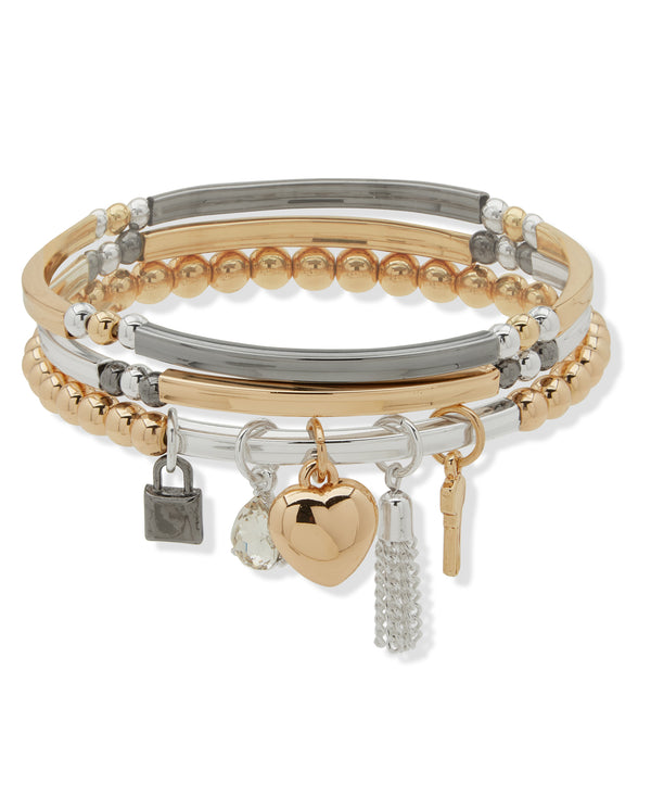 Nine West Tri-Tone Crystal Charm Stretch Bracelet Set
