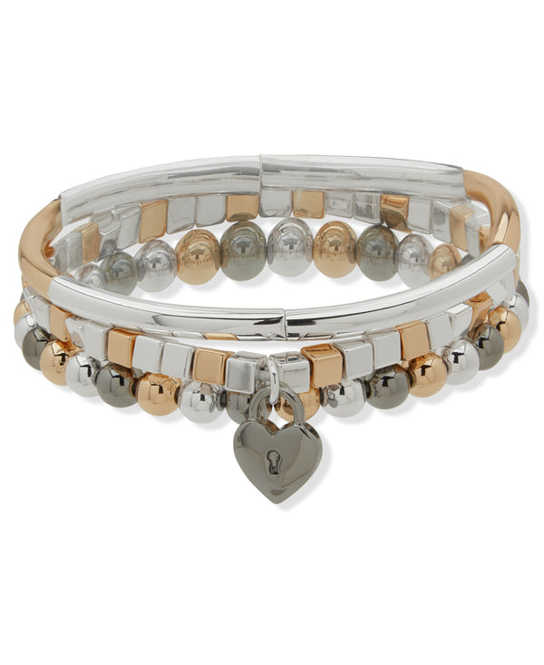 Nine West Tri-Tone Multi Heart Stretch Bracelet Set