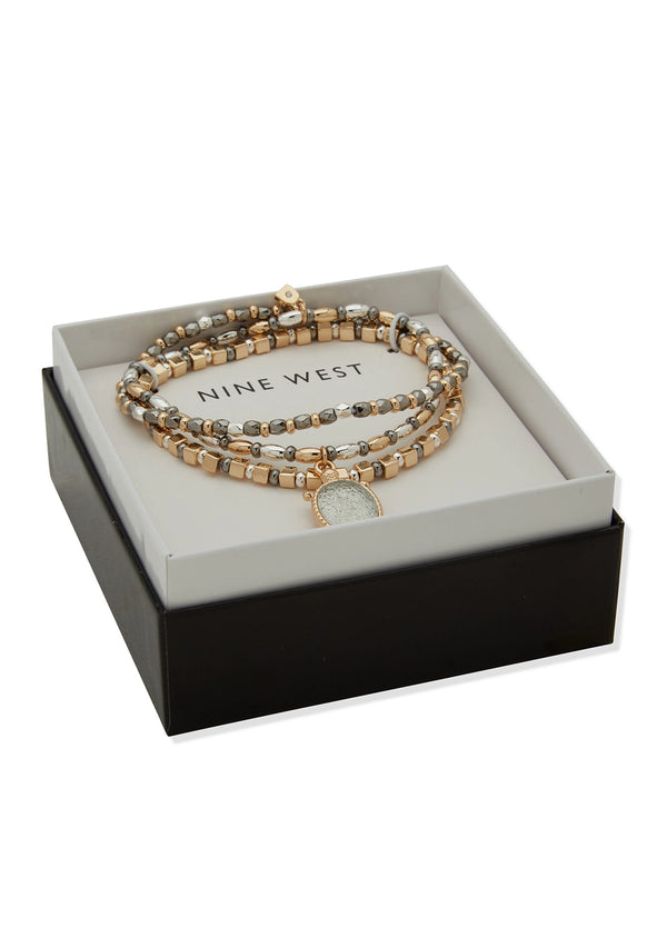 Nine West Tri-Tone Beaded Turtle Charm Bracelet Set