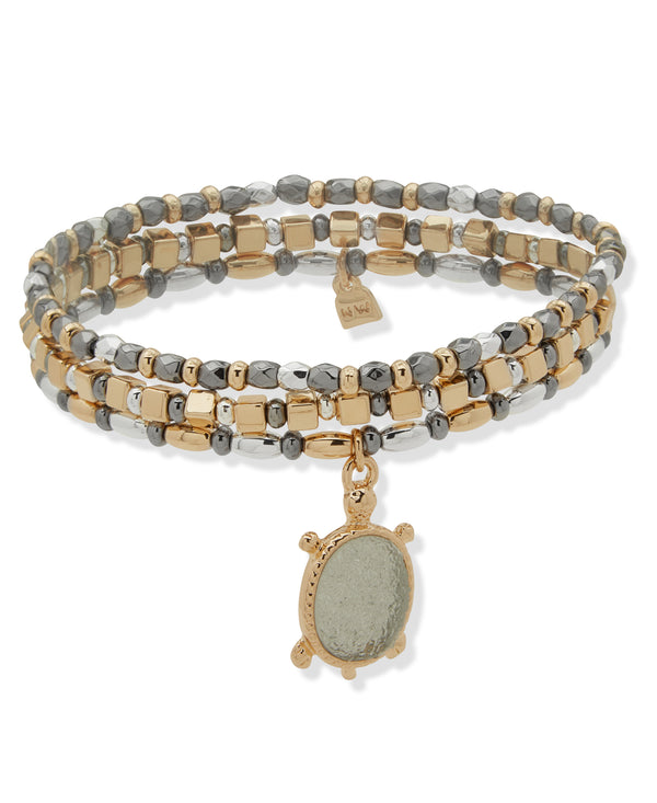 Nine West Tri-Tone Beaded Turtle Charm Bracelet Set