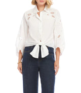 Karen Kane Womens Blouson Sleeve Embroidered Tie-Front Top