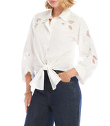 Karen Kane Womens Blouson Sleeve Embroidered Tie-Front Top