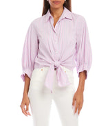 Karen Kane Womens Stripe Blouson Sleeve Embellished Tie-Front Top