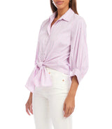 Karen Kane Womens Stripe Blouson Sleeve Embellished Tie-Front Top