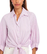 Karen Kane Womens Stripe Blouson Sleeve Embellished Tie-Front Top